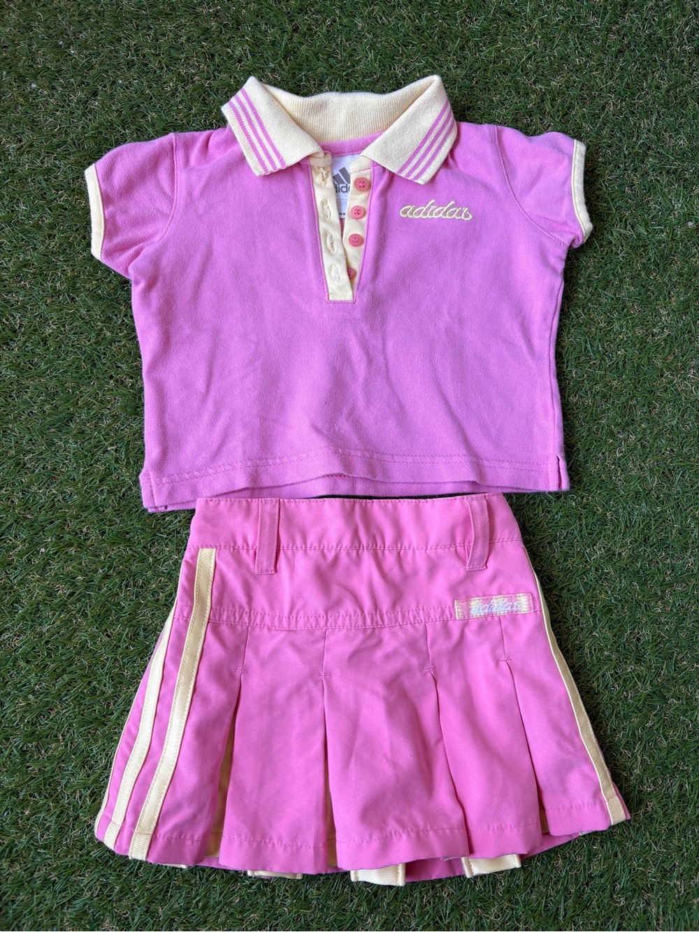 adidas Pink and Cream Girls Polo Top & Pleated Skirt Set